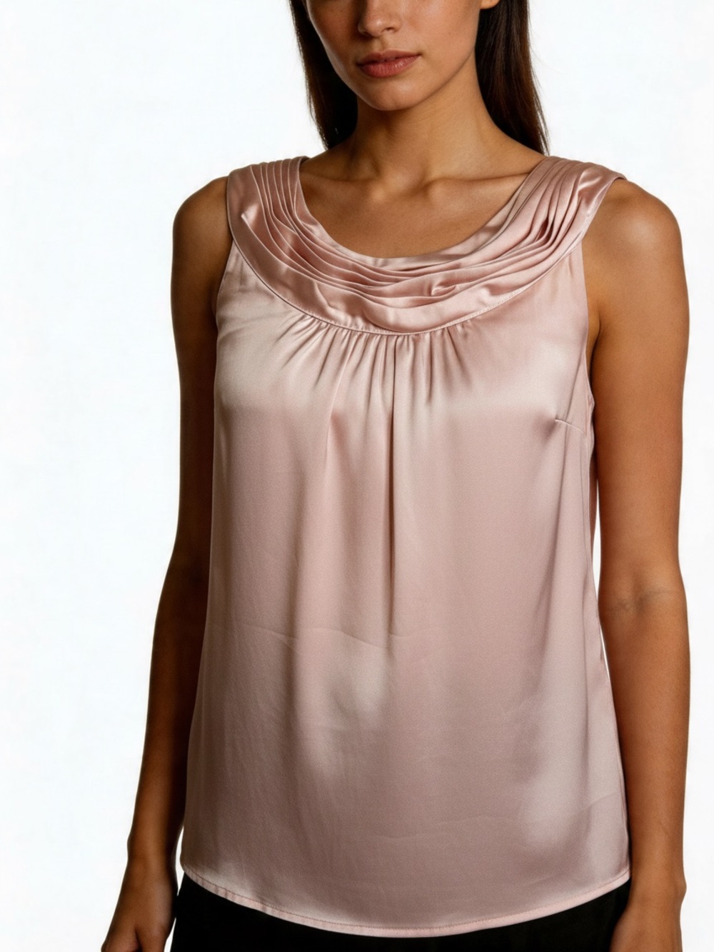 Loft Ann Taylor pleat ruffle collar sleeveless satin tank blouse baby pink SP